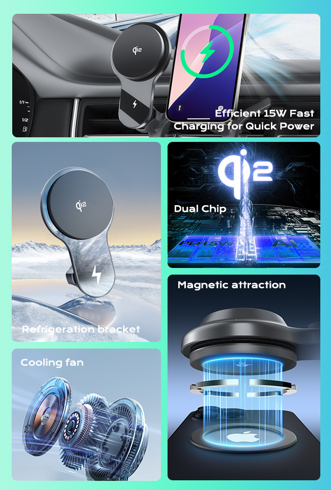 Ultra-Thin Fan Cooling 15w Wireless Charger Car Phone Holder With Qi2 Fast Charging LED Lighting And Strong Magnetic Suction
