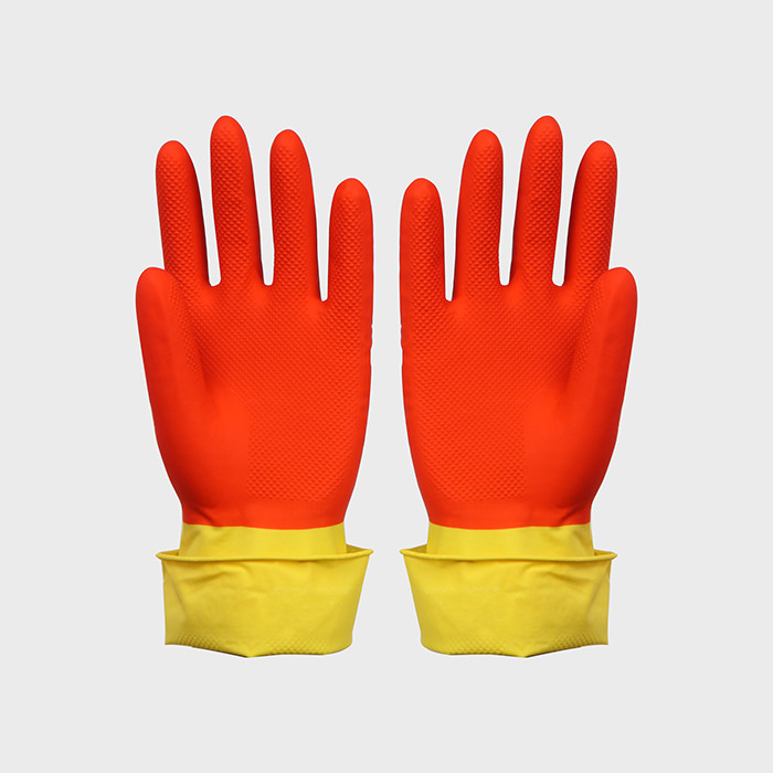 Bi-Color High Latex Content Soft Flocklined Rubber Gloves , Kitchen Dishwashing Gloves