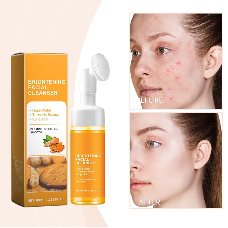 Private Label Brightening Whitening Deep Cleaning Organic Turmeric Kojic Acid Facial Cleanser Foam Face Wash With Brush