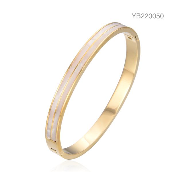White Shell Embellished Premium Quality Bangles Stainless Steel Gold Snap