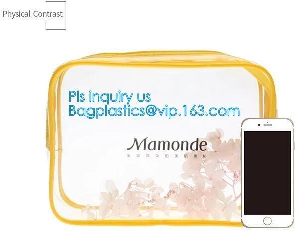 Trendy transparent PVC makeup bag with nylon handle, pvc hanging travel cosmetic
