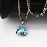 Sterling Silver Oval Blue Topaz Cubic Zirconia Pendant Necklace (P30)