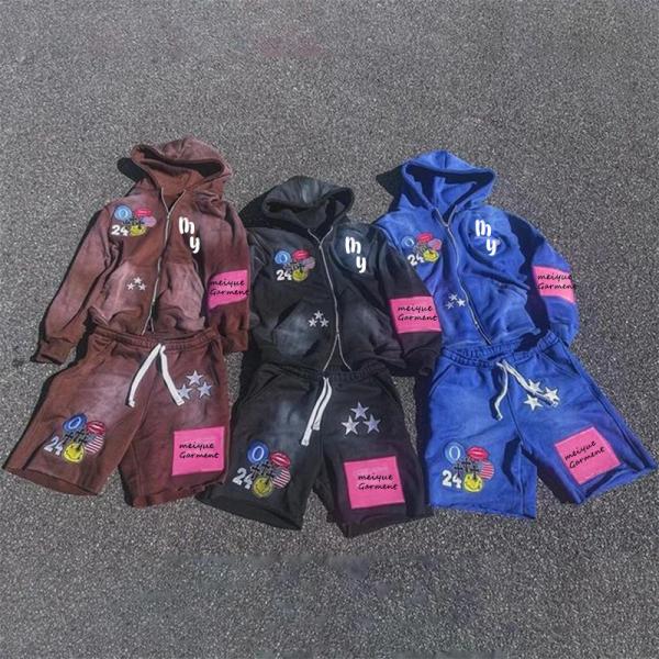 Custom Zip up Jacket Acid Wash Vintage Zipper Hoodie Sun Faded Shorts Sweatsuits