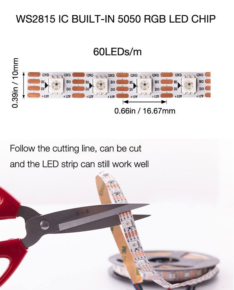 DC12V WS2815 RGBIC LED Pixel Strip Light Individually Addressable For Residential