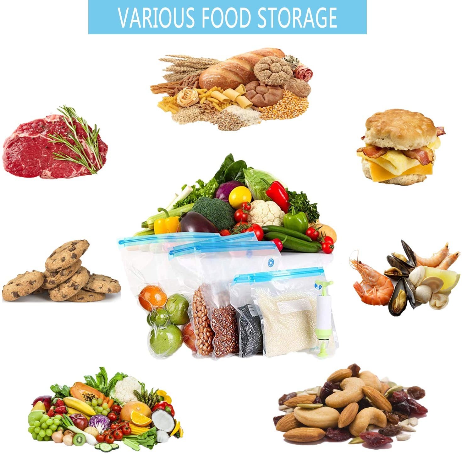 Sous Vide Bags Reusable Vacuum Zipper Bags Food Storage Bags with Sealing Clips