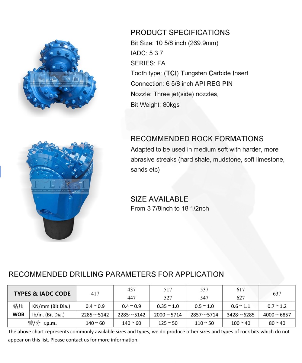 Blue Tricone Drill Bit For Water Wells 10 5/8" FA537G API-7-1 Standard