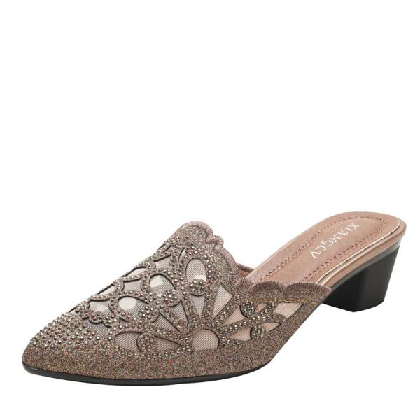 BS148 Pointed Toe Rhinestone Half Slippers Women 2021 Summer Mesh Mid-Heel Shoes