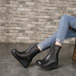 S320 Round Toe Flat Wedge Heel Top Layer Cowhide Mid-Tube Women'S Boots Leather