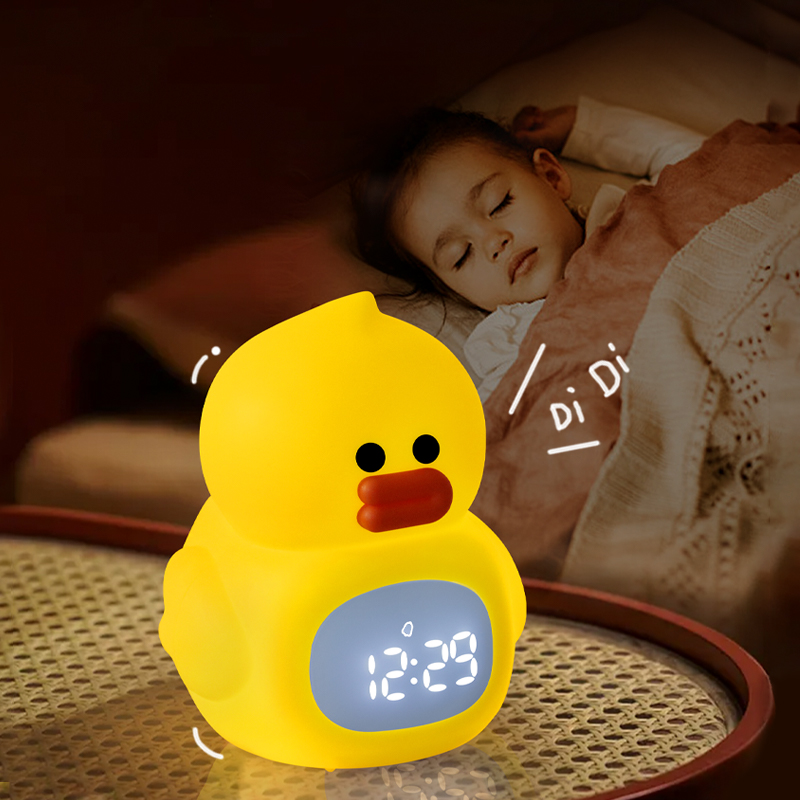 Baby Kid Room Decoration Cute Portable LED Duck Silicone Alarm Clock with Night Light