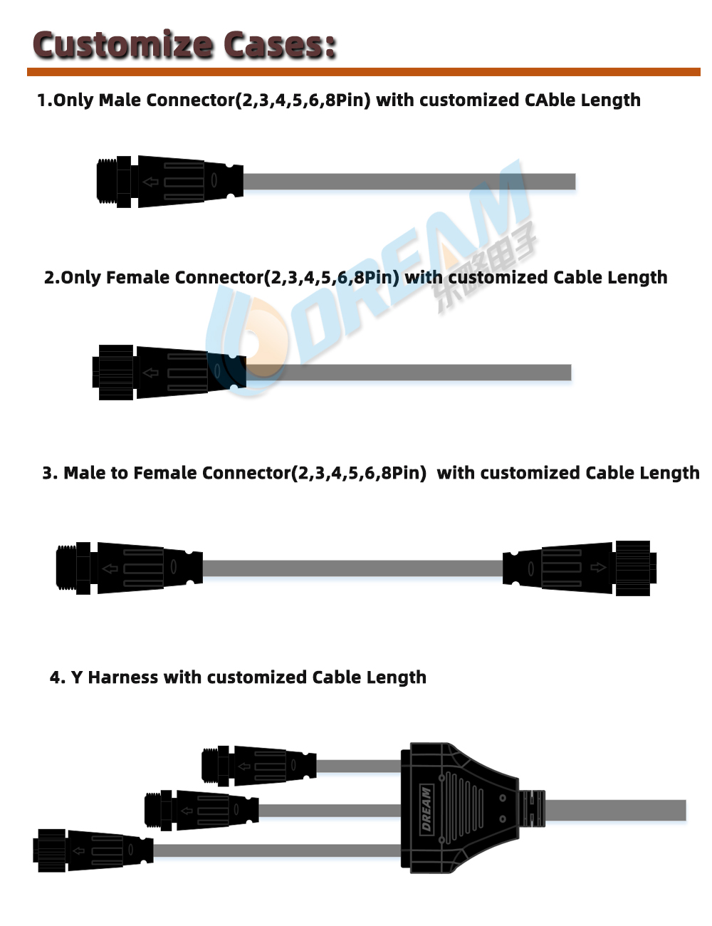 LED Connector For Lighting Black Waterproof Connector Cable 2/3/4 Pin