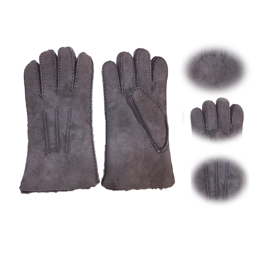 Grey Color Men Winter Shearling Gloves, Merino Lamb Fur Warm Classic Gloves