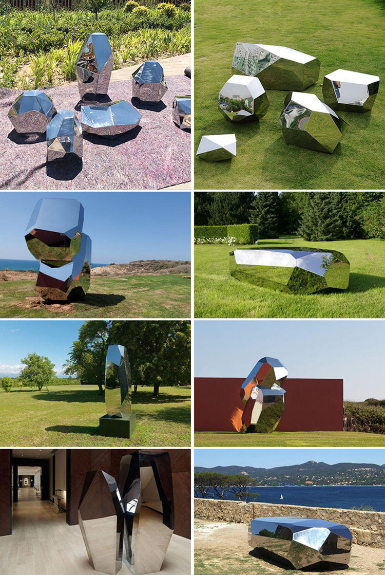 Garden Art Mirror Polished Geometric Stone Stainless Steel Sculpture