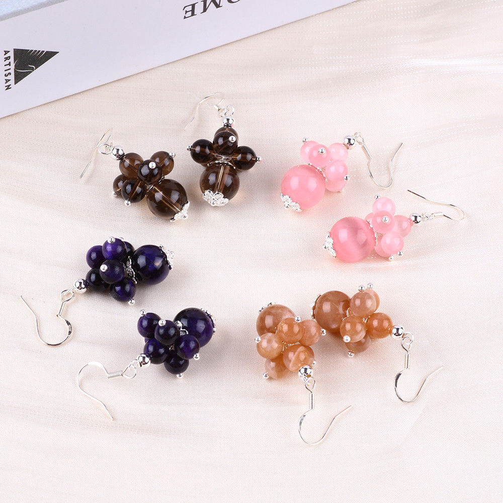 Handmade Crystal Stone Earrings Smoking Quartz Flower Gemstone Beaded Pendant Earrings