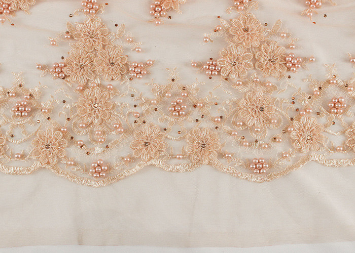 Flower Design Pearl Embroidery Beaded Tulle Fabric By The Yard For Haute Douture