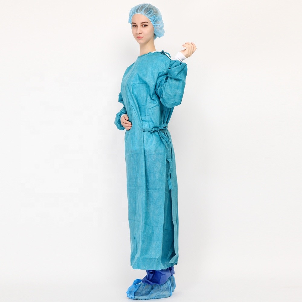 SMMS Blue Color EN 13795 Knitted Cuff Surgical Gown with Ultrasonic Sewing