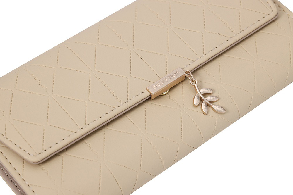 Long Plaid Leaf Pendant Large Capacity Women's Tri-Fold PU Wallet with Custom Logo