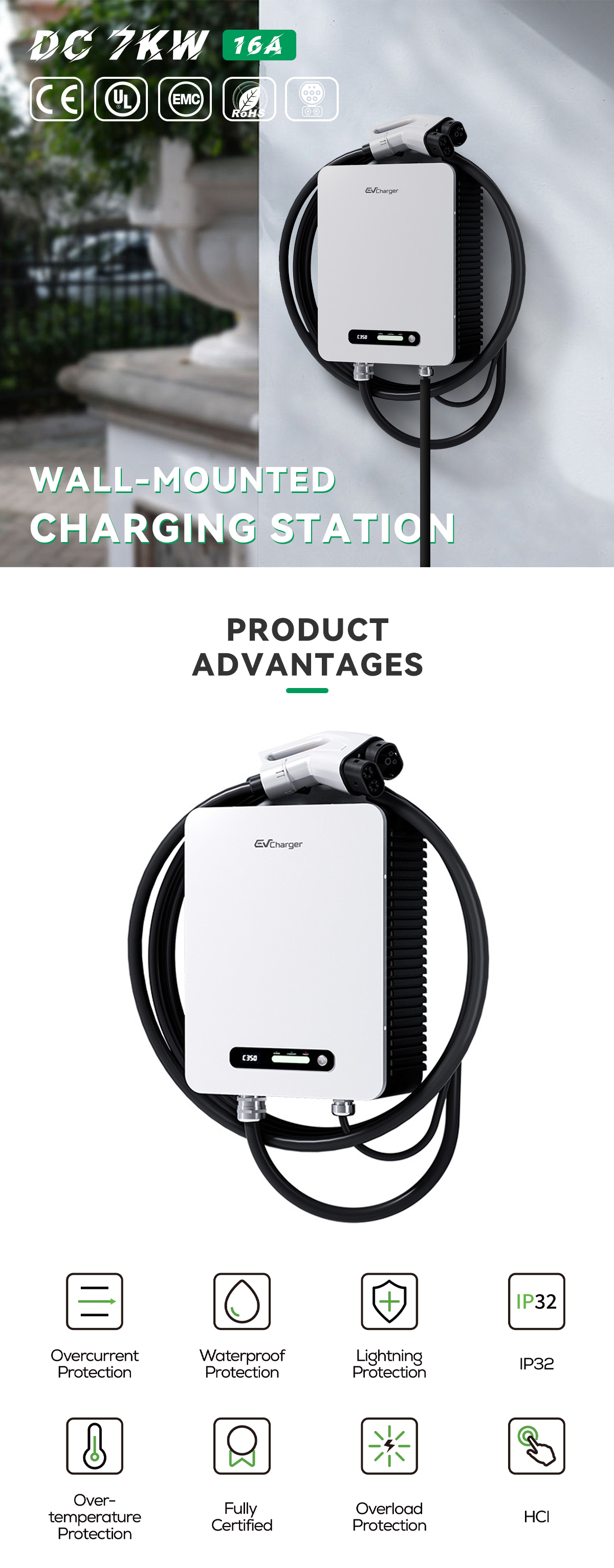 7KW E-Mingze DC Output Current CCS Standard EV Charger Wallbox EV Charging Station with 230V Input Voltage