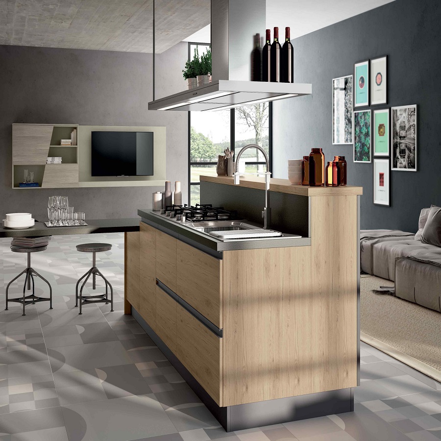 Modern Design Kitchen Cabinet with Flat Edge Countertop and HDF Door Material