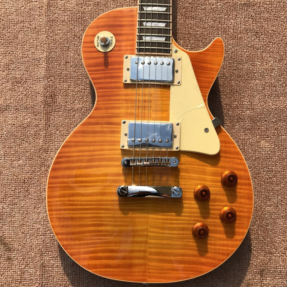 One piece of body & neck LP electric guitar Yellow tiger top adjusting the adjacent Matic bridge