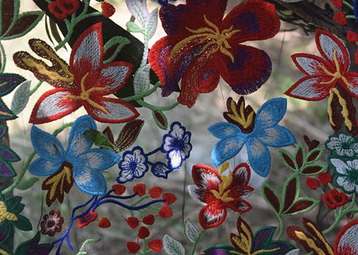 Polyester Multi Colored Embroidered Floral Lace Fabric For Haute Couture