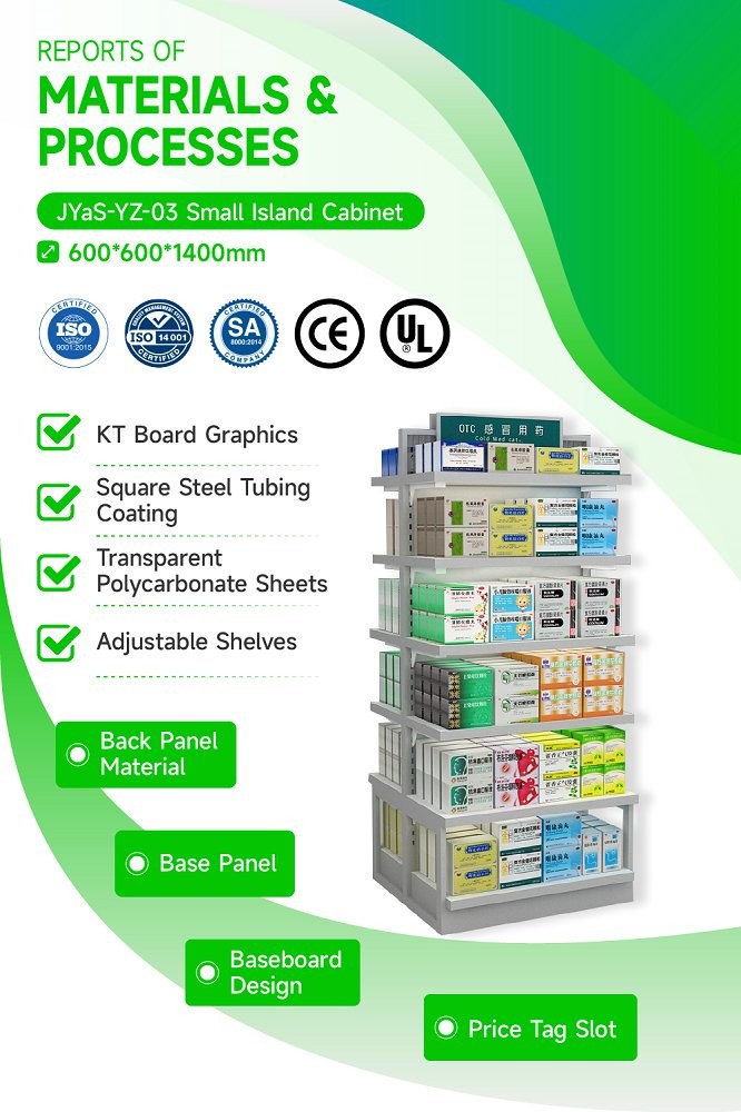 JYaS-YZ-03 Eco-friendly Medicine Display Area Cabinet with White Over-oiled Board and Aluminum Price Tag Slot