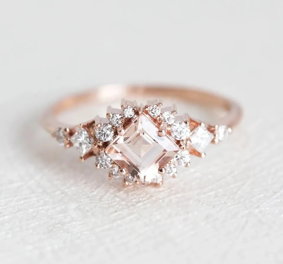 925 Sterling Silver Fascination Pretty Rose Gold Plated Fine Sparkling Morganite Halo Ring Set