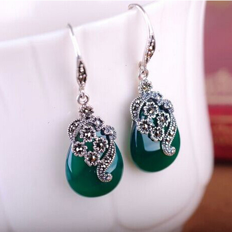 Retro Jewelry Thai 925 Silver with Marcasite Green Agate Earrings(LR1036GREEN)