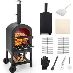 Wholesale Outdoor Woodfired Charcoal Pizza Maker Trolley Grill with Pizza Stone and Waterproof Cover from china suppliers