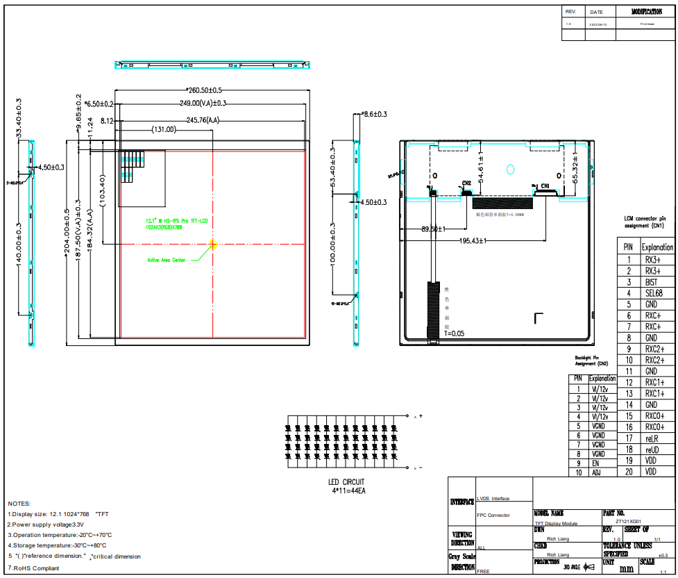12.1 Inch 1280x800 TFT LCD Display LVDS Interface 16.7M Color LCD Module