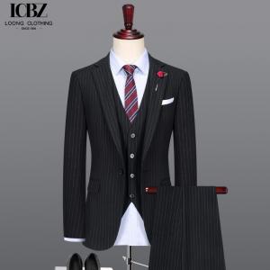 China Anti-wrinkle Men's Business Suit in Classic Black and White Stripes with Notch Lapel on sale