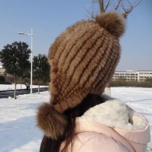 China Natural Mink Fur Knit Earflap Winter Sheepskin Hats Hat Pom Pom Striped Style on sale