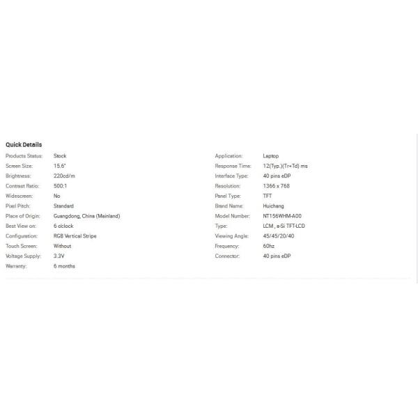 Gloosy Surface Tft 15.6 Inch 1080p Laptop Screen Monitor WXGA 40 Pins EDP NT156WHM-A00