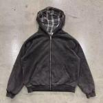 Custom Acid Wash Embroidered Striped Flannel Zip up Hoodie Jacket 100% Cotton