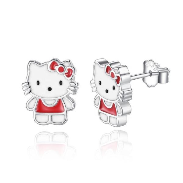 Kitty Childrens Silver Stud Earrings Red White Black Enamel Jewelry In 925