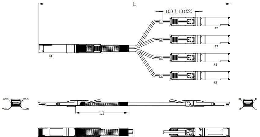400G Breakout DAC Direct Attach Cable QSFP-DD To 4*QSFP28 100G 0.5M To 3M