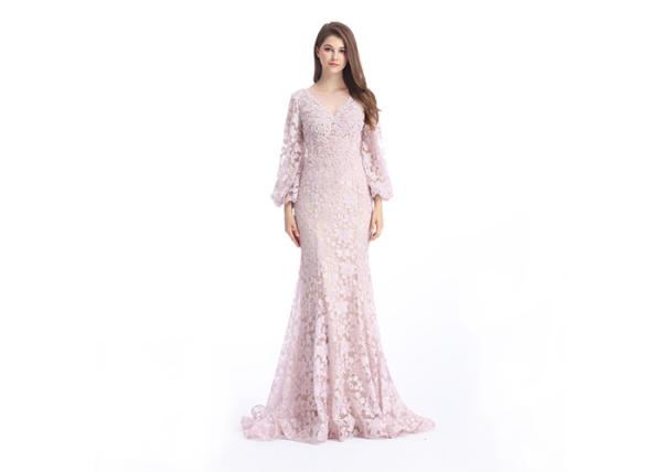 Pink Mermaid Lace European Style Evening Dresses Sexy Flattering With Back