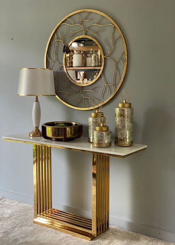 Metal Entryway Hallway Console Table Multipurpose Marble Top Gold Ornate