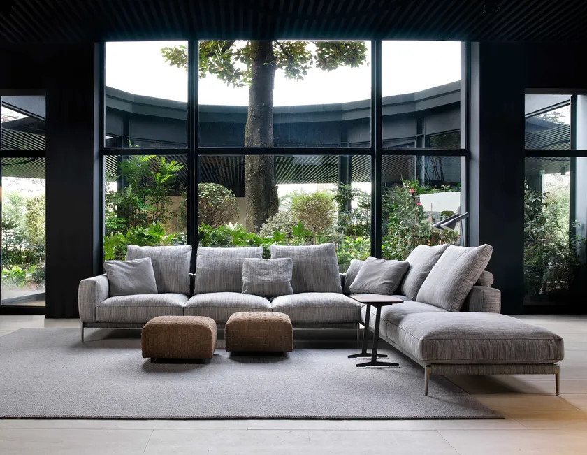 Hotel Office L-Shape Corner Long Sofa High Quality Linen Black Iron Feet Sofa