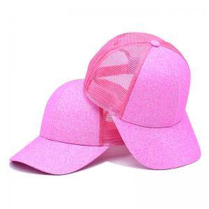 China BSCI Adult Trucker Cap 100% Polyester Glitter Front Panels Precurved Bill Pink Trucker Hat on sale