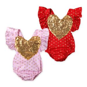 Wholesale Infant girls flutter sleeveless rompers wholesales Sequins heart Embroidered high quality polka dots jumpsuits from china suppliers