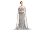 Embroidery Lace Muslim Evening Dress With Long Cape / Grey Prom Dress