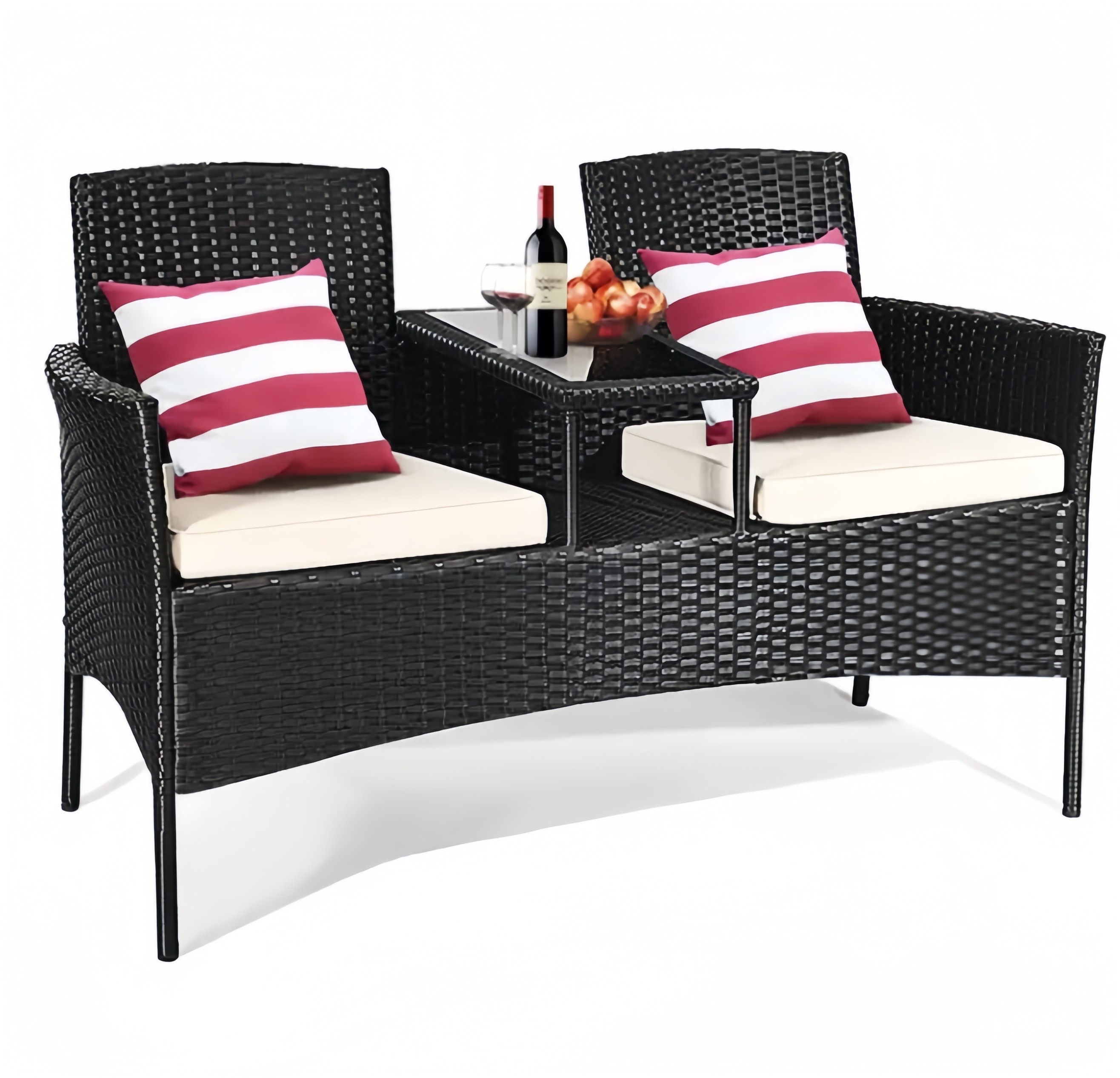 153cm Loveseat Set Patio Wicker Conversation Set Rattan Removable Cushions