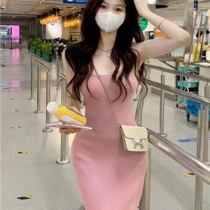 China Stylish Sexy Slip Dress Sweet Spicy  Slim Fit Pink Tank Top Dress Sleeveless on sale