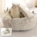 Chunky Plush Hooded Calming Dog Bed Nest Cat Bed 2 In 1 Cat Cave Donut Cat Bed