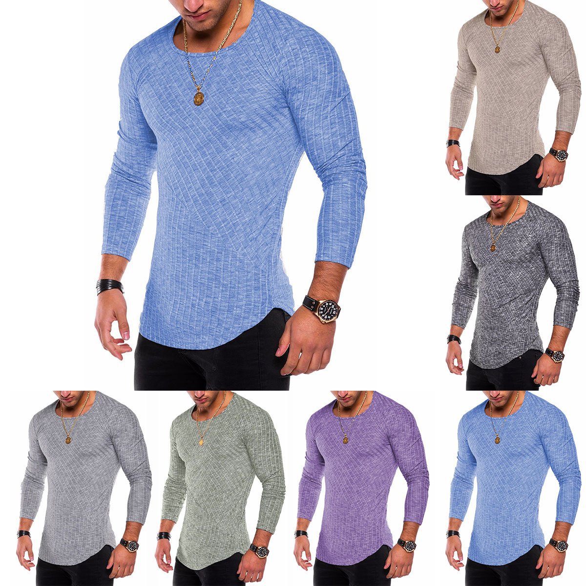 Stitching Arc Hem Bottoming Shirt Round Neck Men's T-shirt 2021 New Europe and The United States Pit Strip Solid Color Blank Men