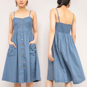 Wholesale Summer chambray midi linen dress with a fit &amp; flare silhouette and a button up front from china suppliers