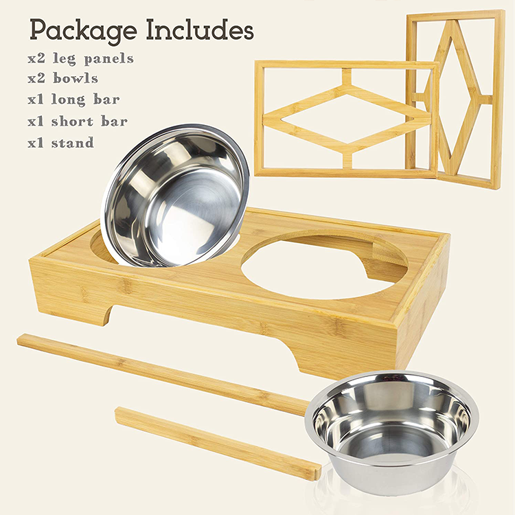 Adjustable Raised Bamboo Pet Feeder 100% Solid Bamboo Stand Dog Bowl