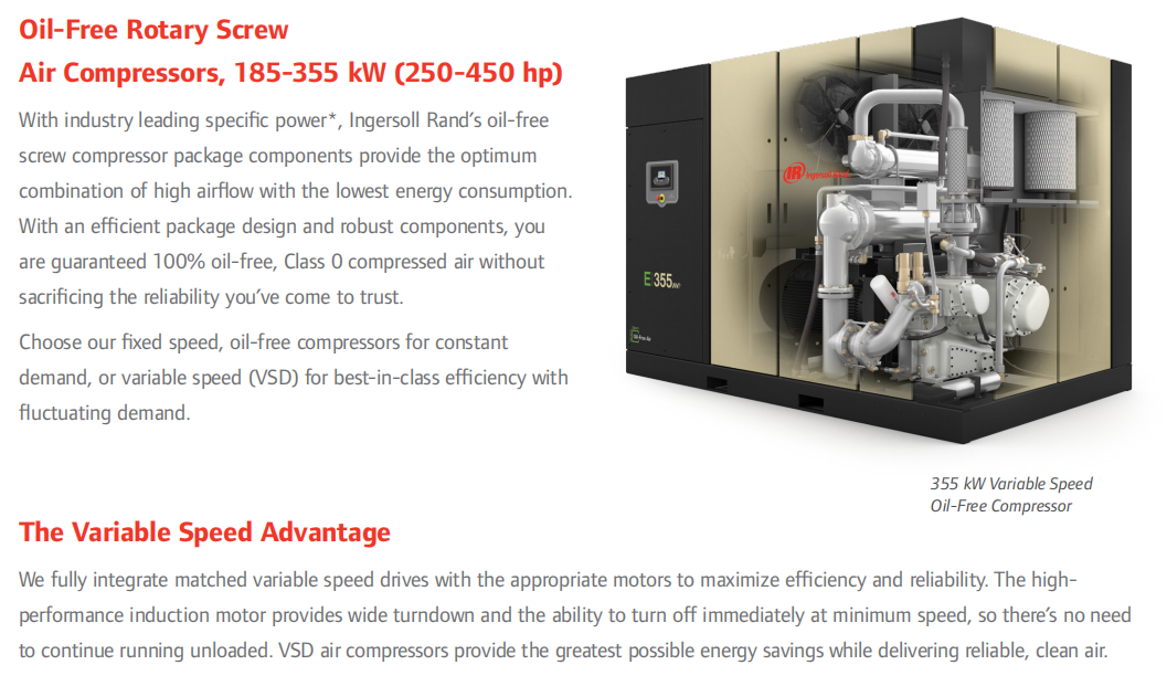 E315 250-450hp Ingersoll Rand Oil Free Screw Air Compressor Lower Vibration Smaller Footprint