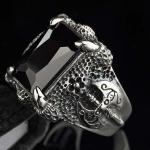 Mens Thailand Retro Dragon Sterling Silver Ring with Created Black Onyx