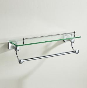 China Stainless Steel Single Layer Bathroom Glass Shelf with Towel Bar Shower Rectangular Rack Wall Mounted Cosmetic Holder on sale